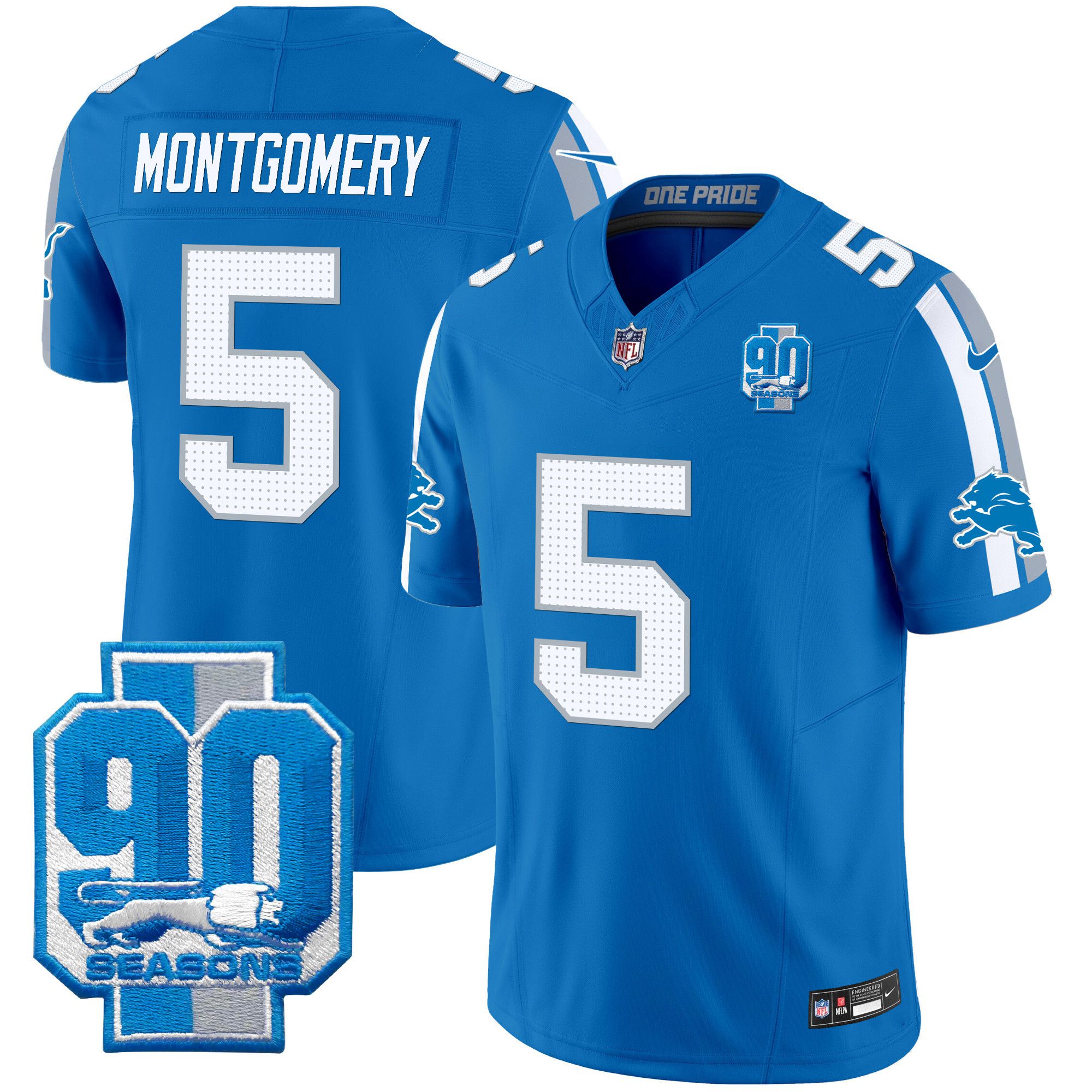 Men Detroit Lions 5 Montgomery Blue 2024 Nike 90th Year Patch Vapor Limited NFL Jersey